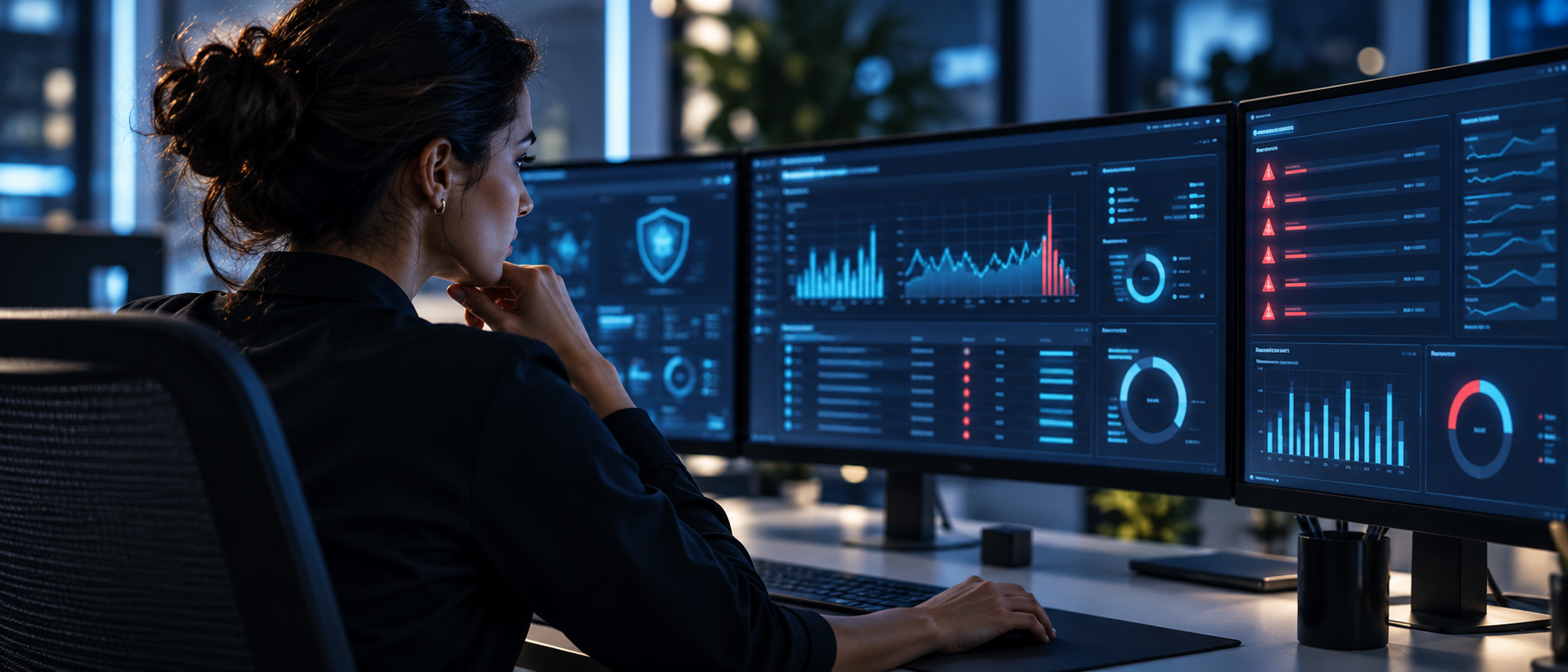 Security operations analyst monitoring alerts and threat dashboards